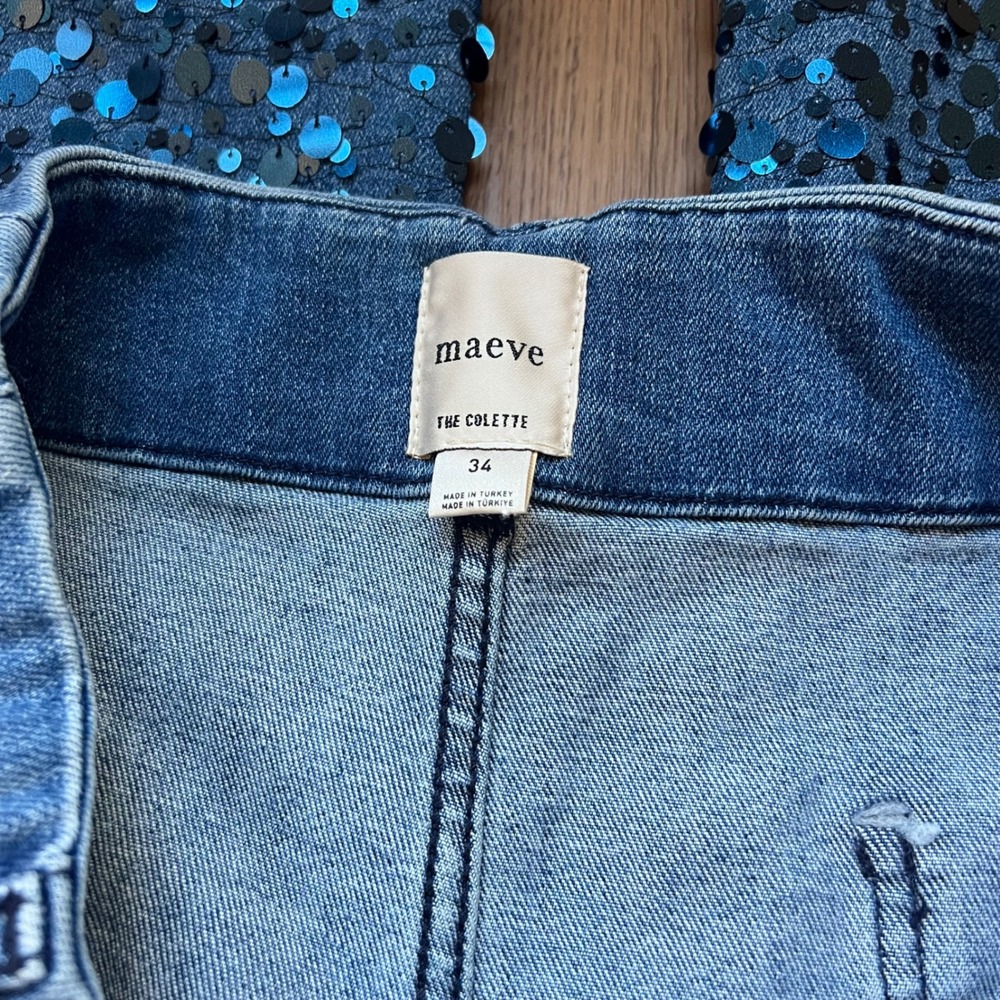 Maeve Anthropologie Colette Wide Leg Jeans Size 34 Blue Sequin‎ Hem Denim - Picture 5 of 6